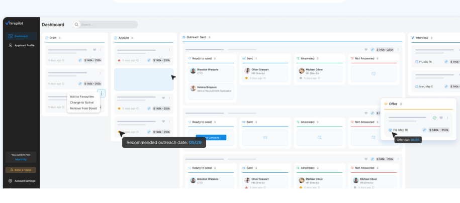 Full view of the HirePilot Job Tracker dashboard showing stages from Applied to Interviewed, helping users organize job applications efficiently.