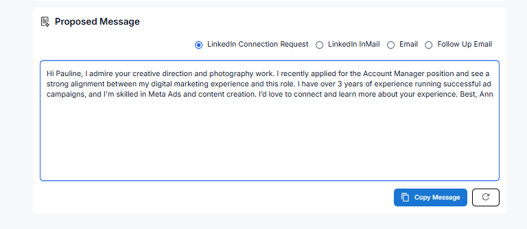 AI-generated personalized follow-up message example within HirePilot Job Tracker to help job seekers connect with hiring managers.