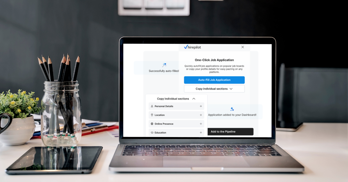 HirePilot Application Auto-Fill one-click job application tool displayed on laptop screen.