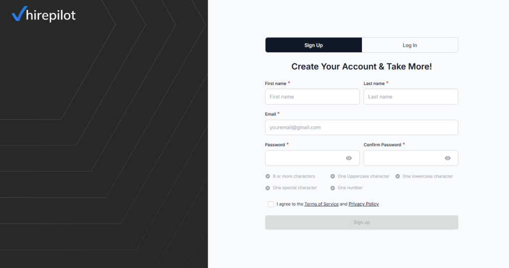HirePilot Application Auto-Fill – account creation screen