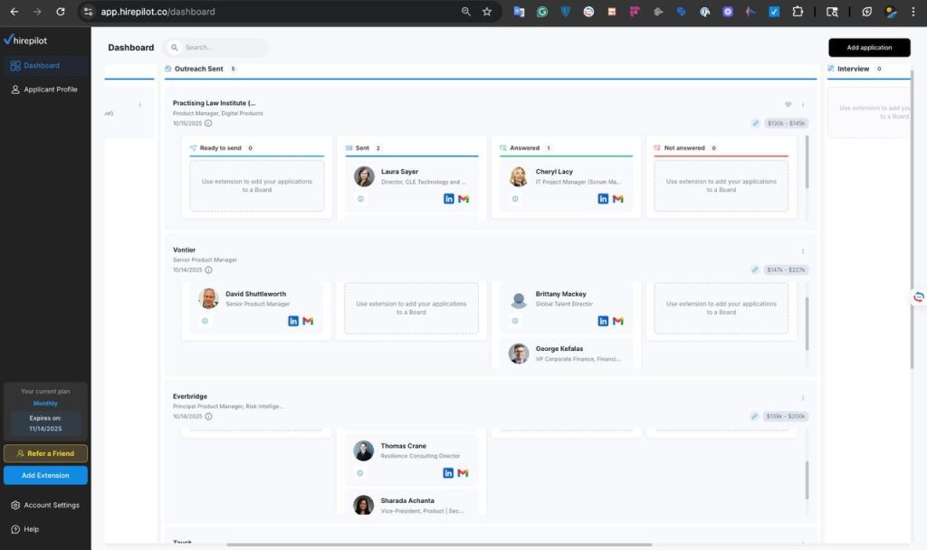 HirePilot dashboard interface displaying application tracking and outreach workflow, used in HirePilot reviews to show real user experience.