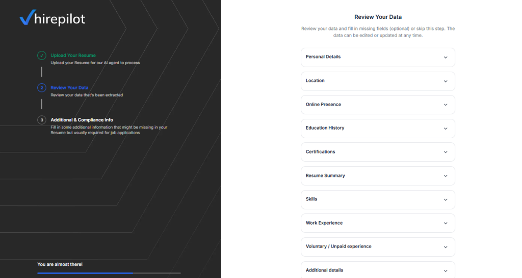 HirePilot Application Auto-Fill – review parsed profile data