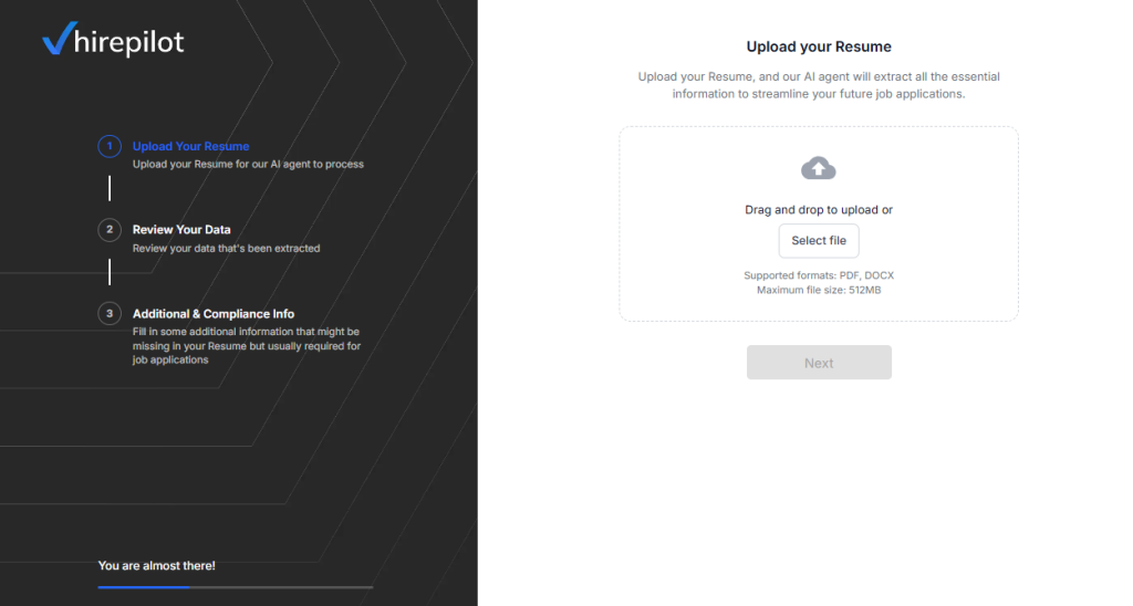 HirePilot Application Auto-Fill – upload resume step