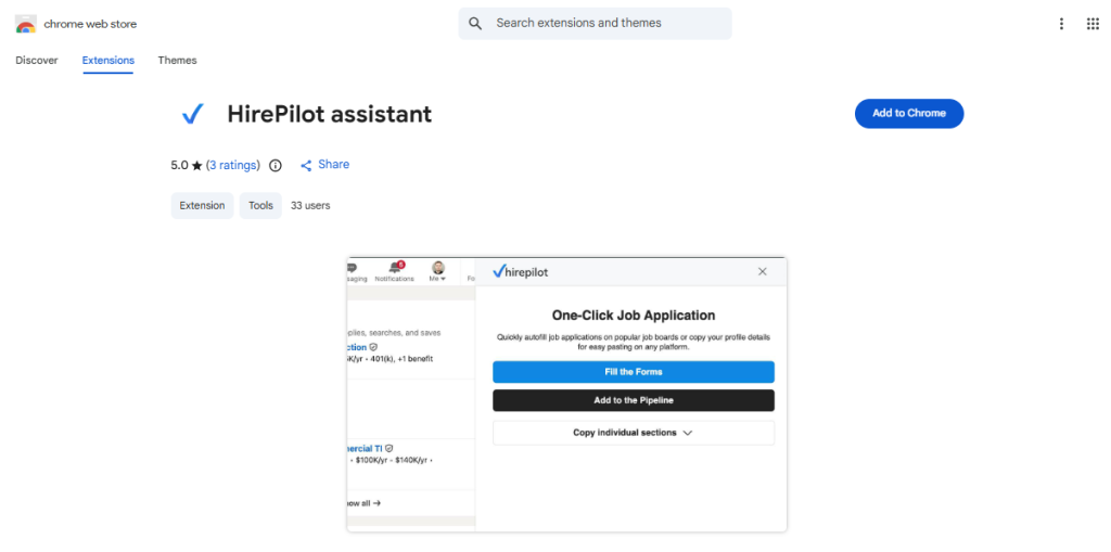 HirePilot extension listed on the Chrome Web Store with auto-fill features