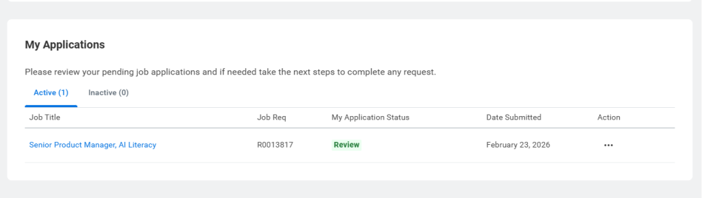 Workday applicant tracking dashboard displaying job application under review with job requisition number and submission date