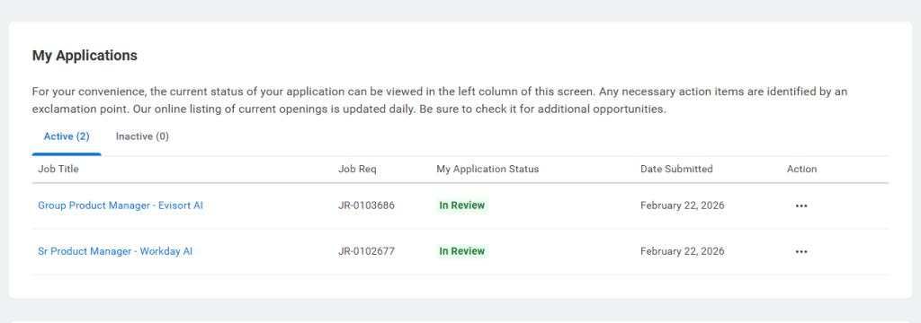 Workday application tracking system dashboard showing job applications with “In Review” status and submission dates