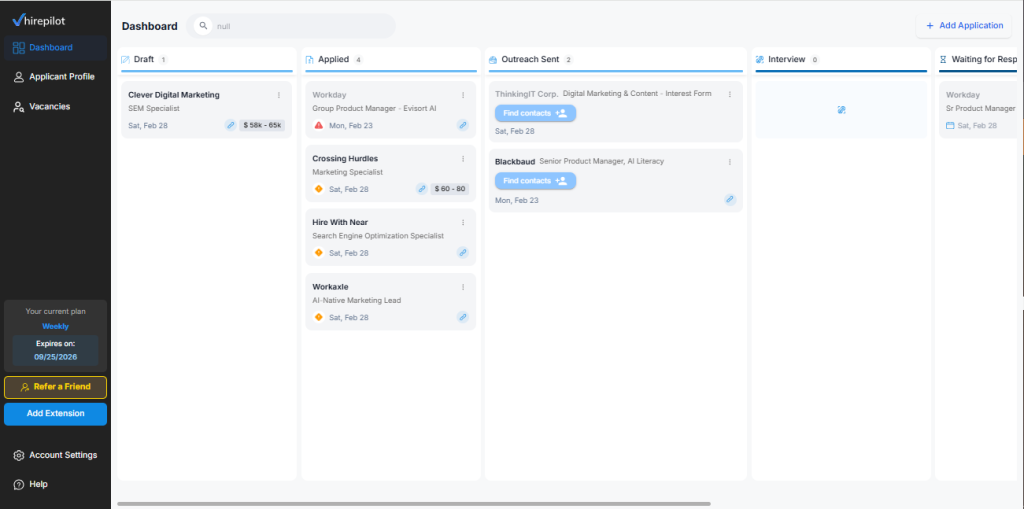 Job application tracker dashboard for managing LinkedIn Easy Apply applications and outreach