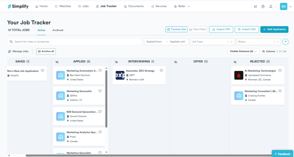 Simplify extension job tracker showing Kanban board with Applied, Interviewing, Offer and Rejected columns