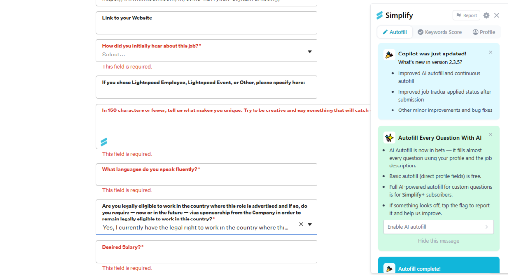 Simplify extension failing to autofill required fields on job application form