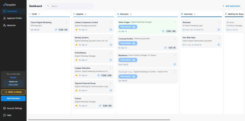 How to get a job fast by tracking all applications in HirePilot dashboard organized by status