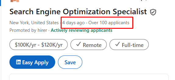 LinkedIn Easy Apply job listing showing over 100 applicants and actively reviewing status
